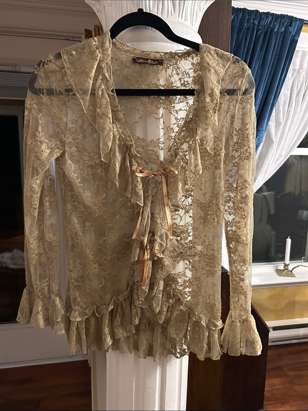 Sheer Floral Lace Tie-Front Blouse in Gold